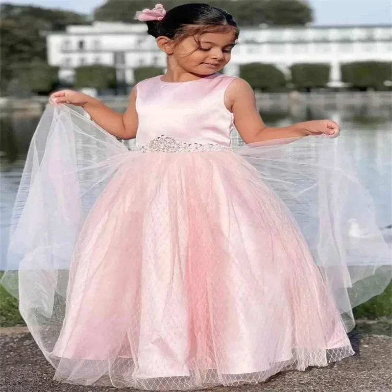 

Pink Flower Girl Dress Satin Tulle Crew Neck Beaded Belt Baby Girl Birthday Wedding Princess Party First Communion Gown