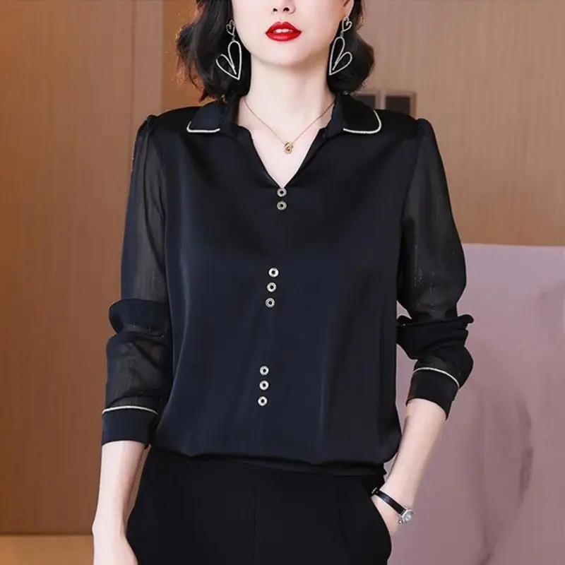 Office Lady Turn-down Collar Blouse 2022 Spring Autumn Bright Line Decoration Stylish Button Female Solid Color Patchwork Shirt