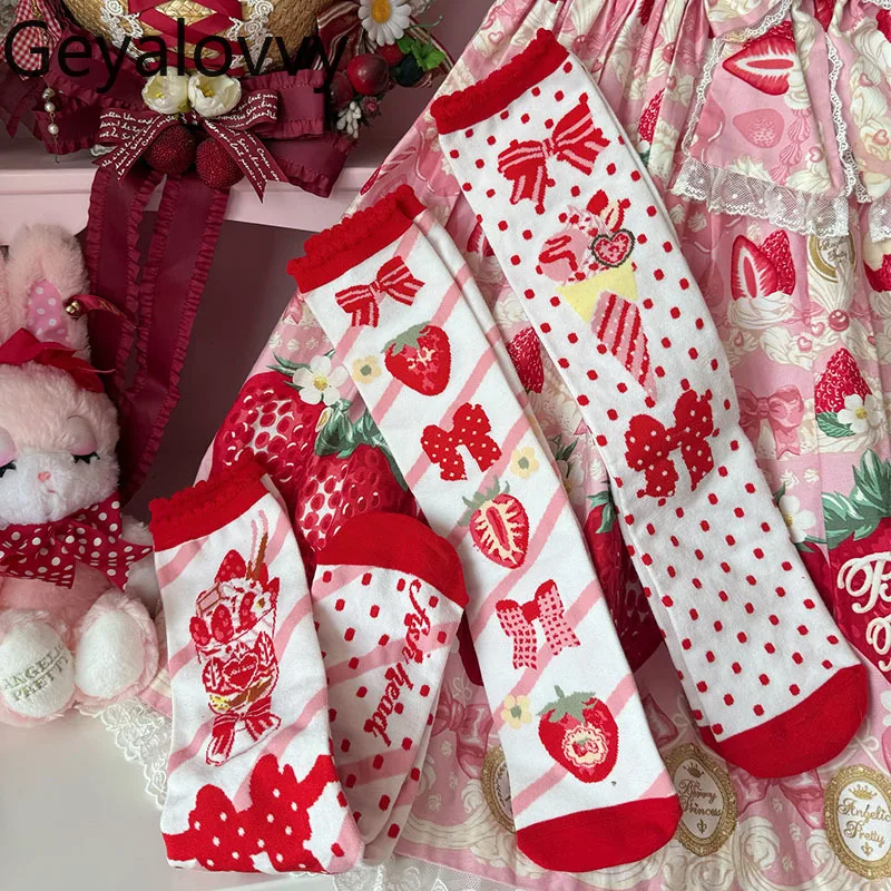 الأصلي الفراولة طباعة الحلو لطيف الفتيات الجوارب الطويلة القوس البولكا نقطة لوليتا الدانتيل الجوارب متوسطة أنبوب جورب المرأة اليابانية Sockings #5