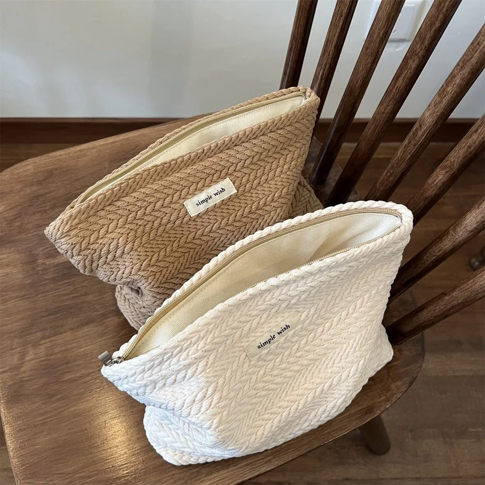 Portable Zipper Makeup Bag Solid Color Woven Fabric Clutches Bag Beige Coffee Large Capacity Storage Bag Outdoor