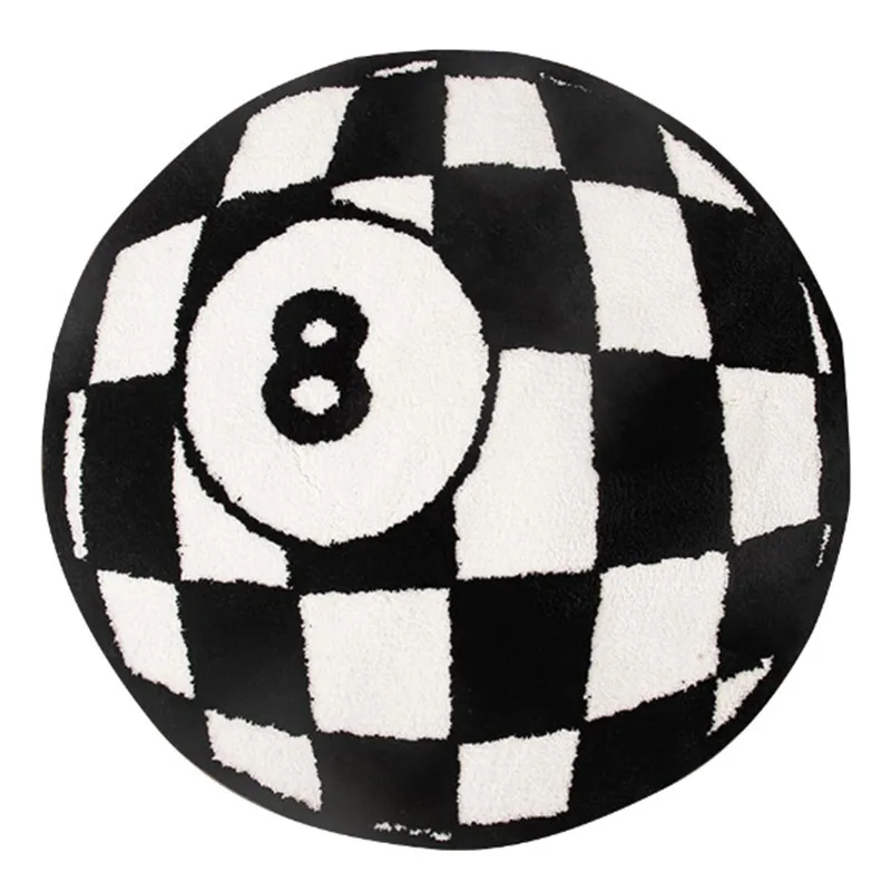 VIKAMA Checkerboard 8 Ball Round Rug Non-Slip Plush Mat Streetwear Gaming Decor for Boys Room Man Cave Retro Home Accessory