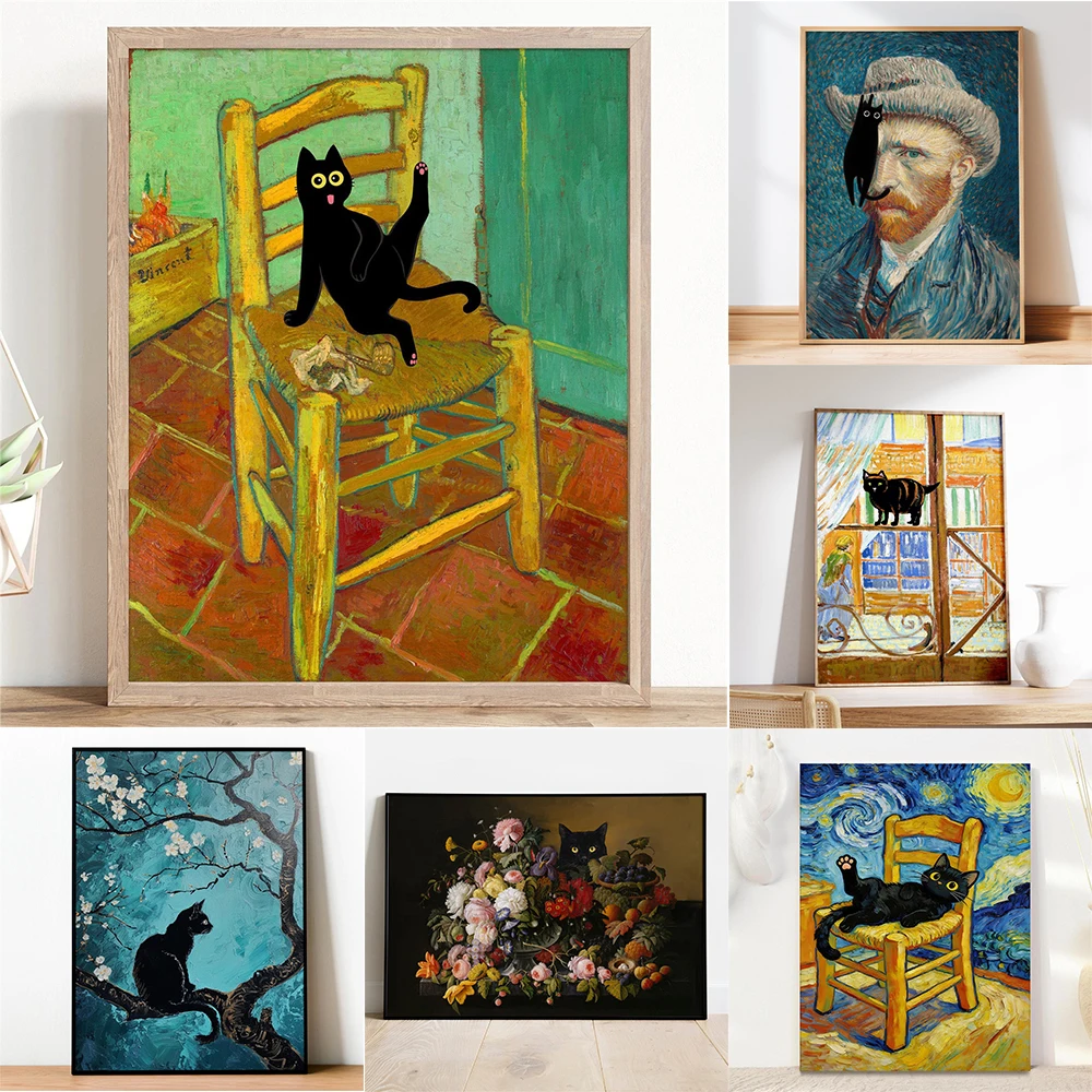 Vincent Van Gogh Black Cat and Flowers Print Fun Cat Poster Cute Cat Art Print Funny Black Cat Art Canvas Painting Kitchen Decor