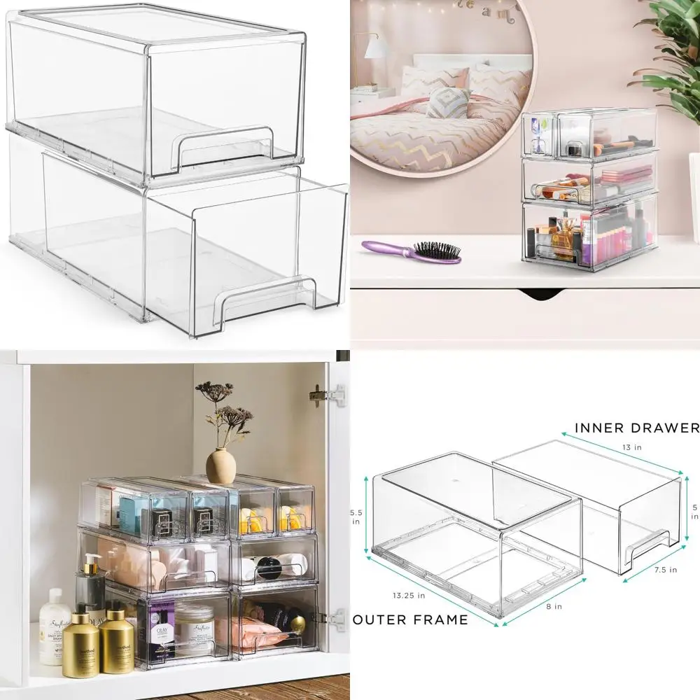 مجموعة أدراج كبيرة شفافة قابلة للتكديس - 2 صناديق تخزين بلاستيكية مع مقابض قابلة للسحب للتنظيم