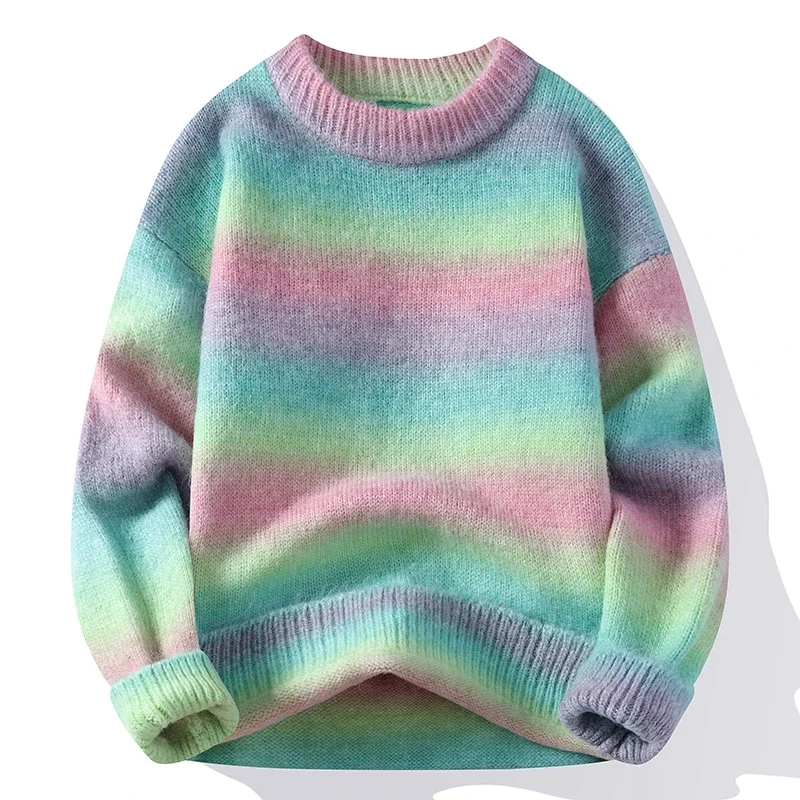 Men\'s Rainbow Striped Sweater, High End Luxury Wool Pullover, Casual Loose Christmas Jumper, New Fashion, Fall, Winter, 2024