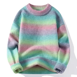 Men's Rainbow Striped Sweater, High End Luxury Wool Pullover, Casual Loose Christmas Jumper, New Fashion, Fall, Winter, 2024