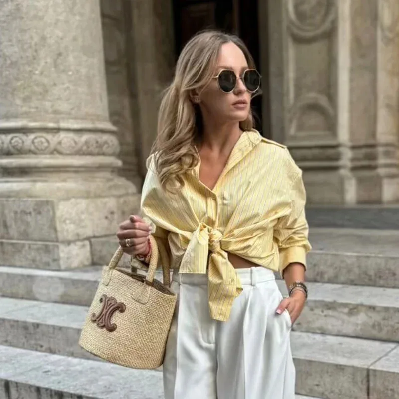 Camisas holgadas informales elegantes a rayas amarillas mantequilla para primavera y verano para mujer, camisas finas con cuello vuelto a la moda para mujer