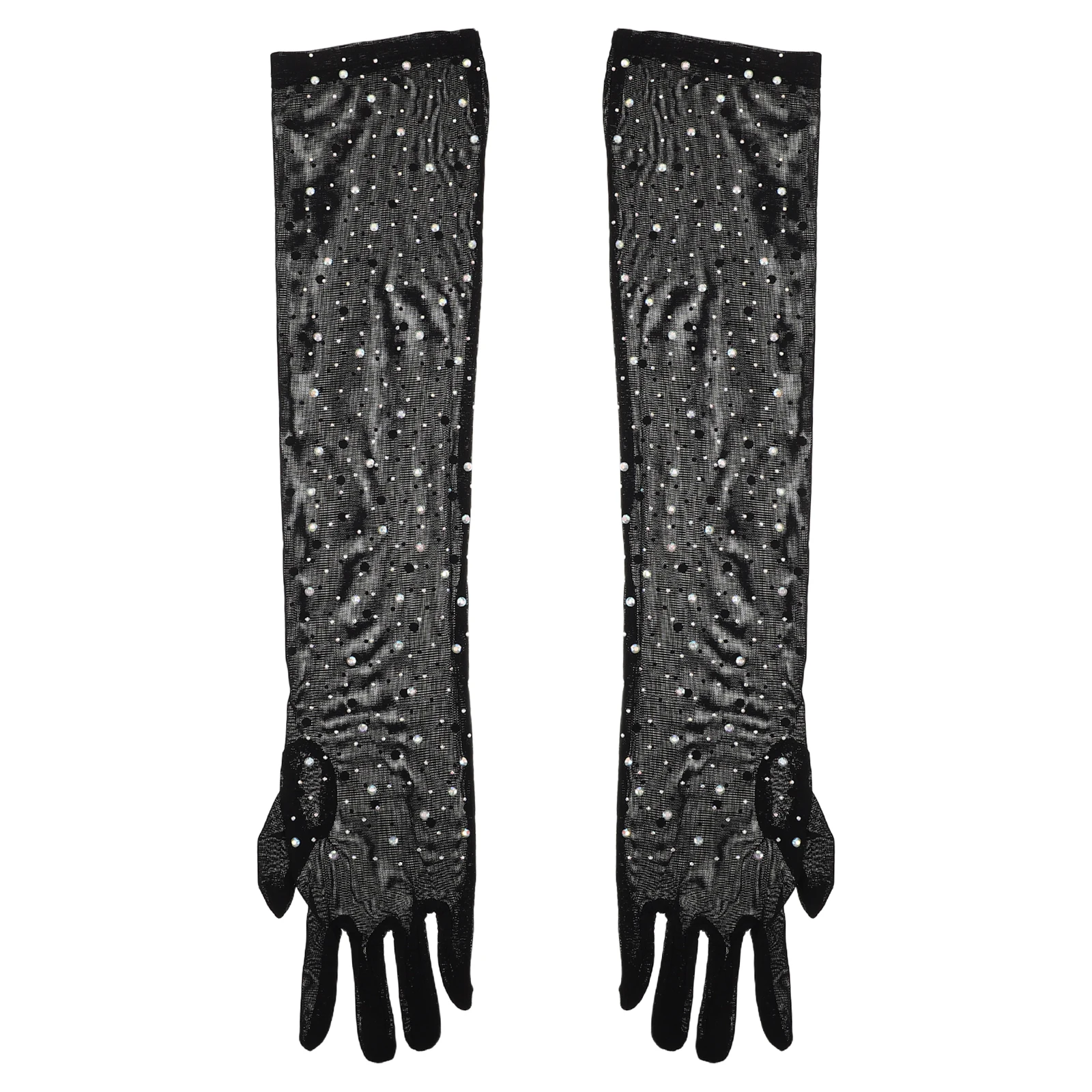 

1Pair Black Sheer Gloves Rhinestone Mesh Tulle Long Stretchy Sparkly Gloves for Women Bridal Wedding Party Evening Halloween