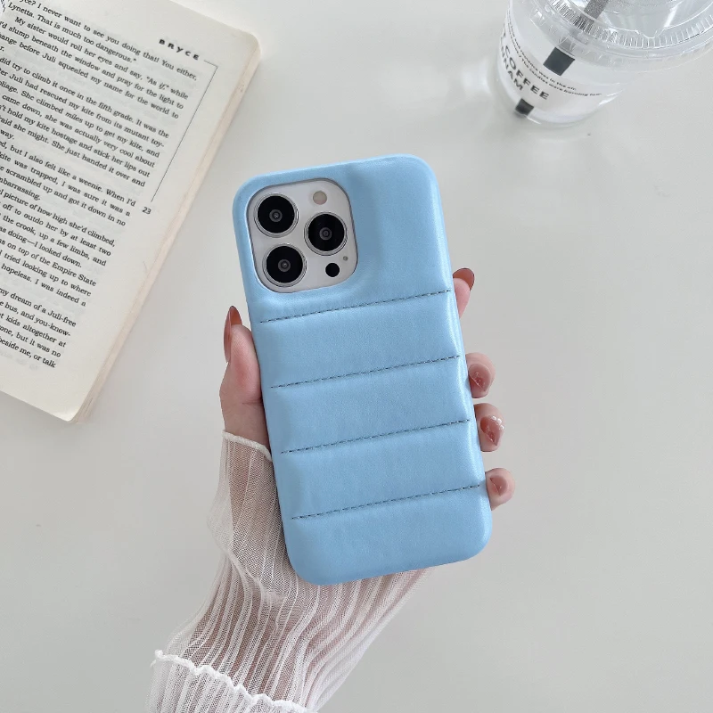 Luxury Solid Color Matte Leather Down Jacket Hard PC+Soft TPU Phone Case For iPhone 16 Pro Max 14 11 12 13 15 Pro Max Back Cover