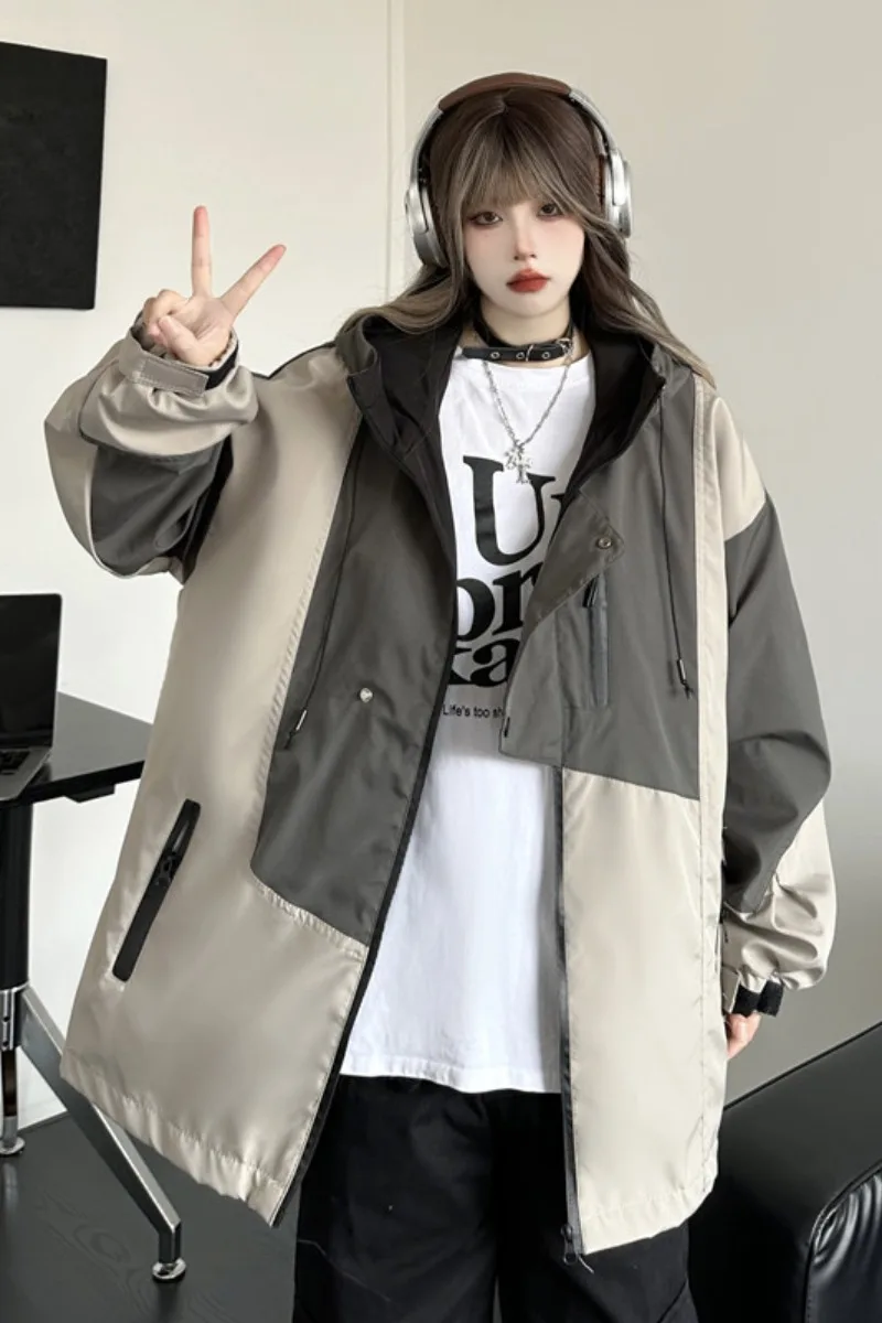 Women Coat Contrast Color Patchwork Hooded Jumpsuit For Women's Autumn Oversize Casual Mid Length Cardigan Jacket Trend