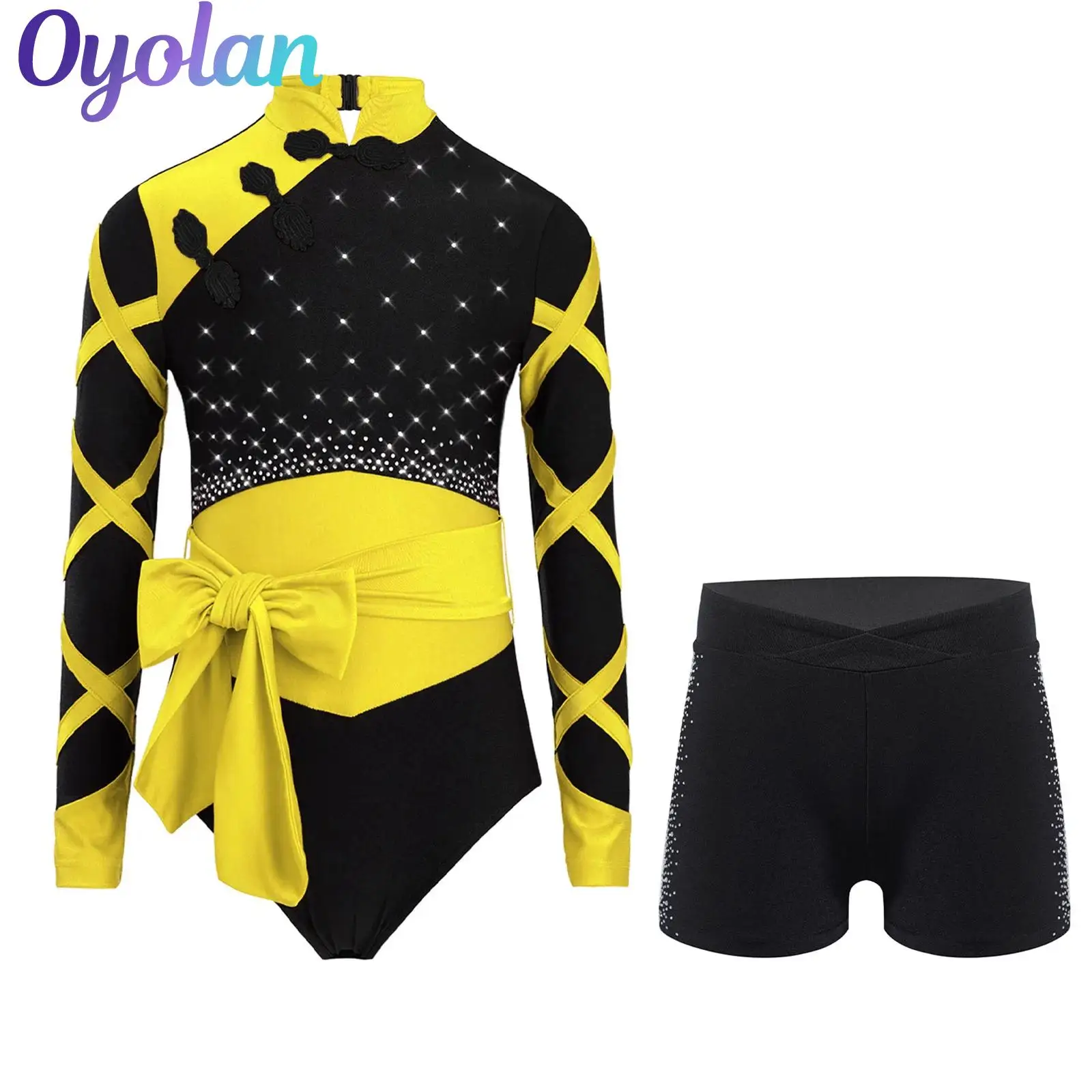 Justaucorps de gymnastique à strass pour enfants filles, short avec ceinture, tenue de danse de Ballet de patinage artistique, Costume de spectacle de Style chinois