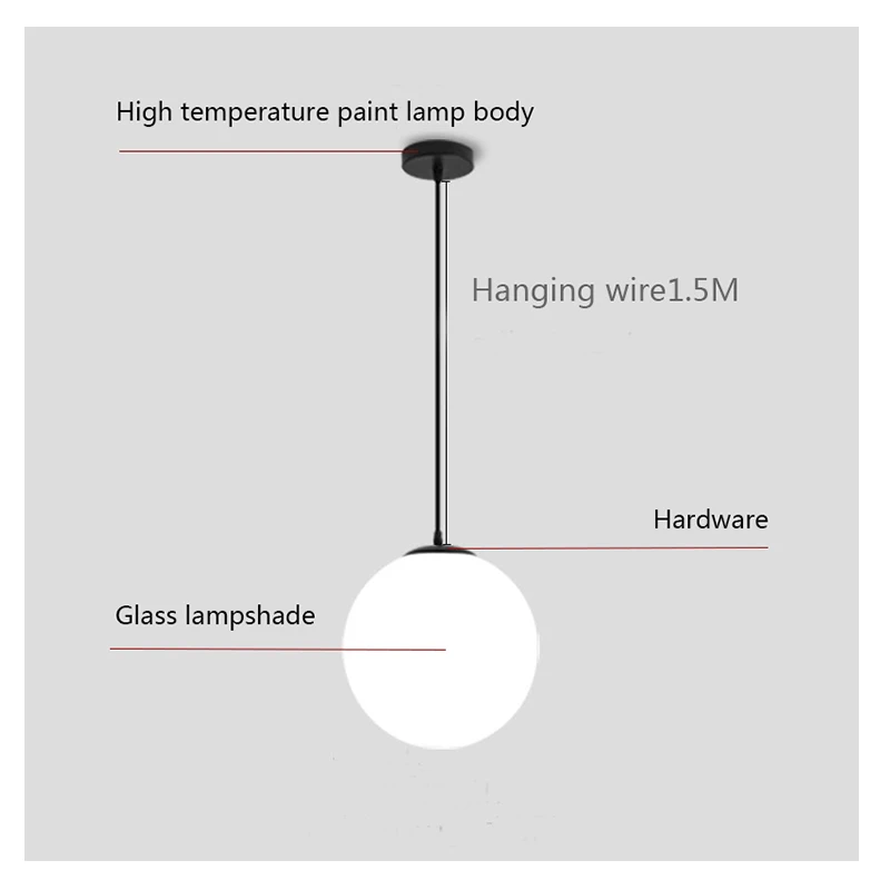 White circular glass ball pendant light, bar restaurant shop decorative light, study room bedroom light, bar desk lamp