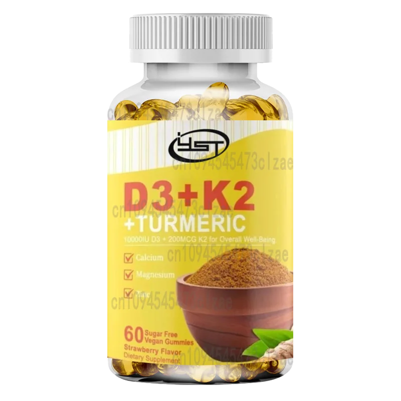 

Turmeric and Vitamin D3 K2 Gummies Contain Calcium, Magnesium, Zinc, and Piperine, Which Support Bone Health and Immunity,