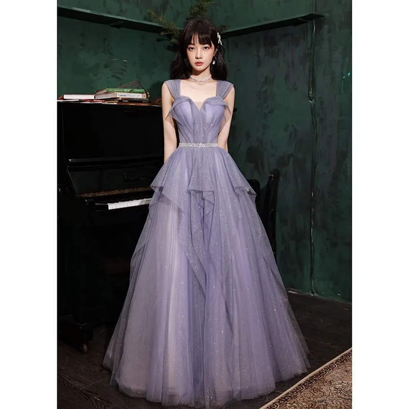 

Purple Sexy Sling Sleeveless Back Bandage A-Line Evening Dress Bride Bridesmaid Wedding Tulle Prom Gowns Vestidos