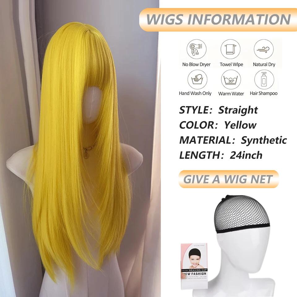 24inch Yellow Wig for Women Cosplay Wig with Bangs Lolita Long Straight Hair Layers High Temperature Fibers Synthetic Wigs