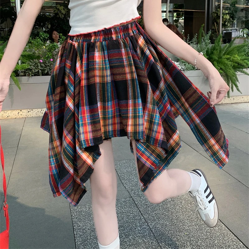 High Waist Irregular Design Plaid Skirts Women Summer Lace-up A-line Short Skirt Korean Style High Street Versatile Skirt Female