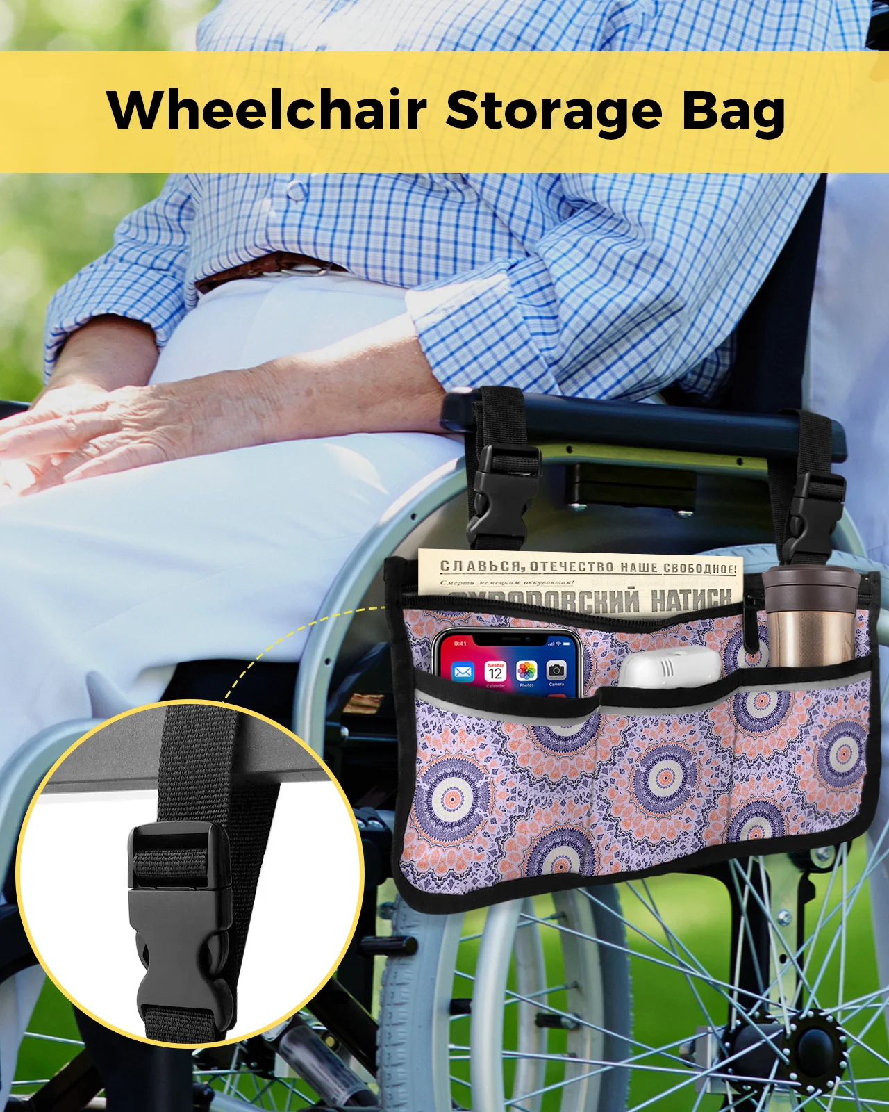 Indian Abstraction Line Wheelchair Bag With Pockets Armrest Side Bags Electric Scooter Walking Frame Storage Pouch