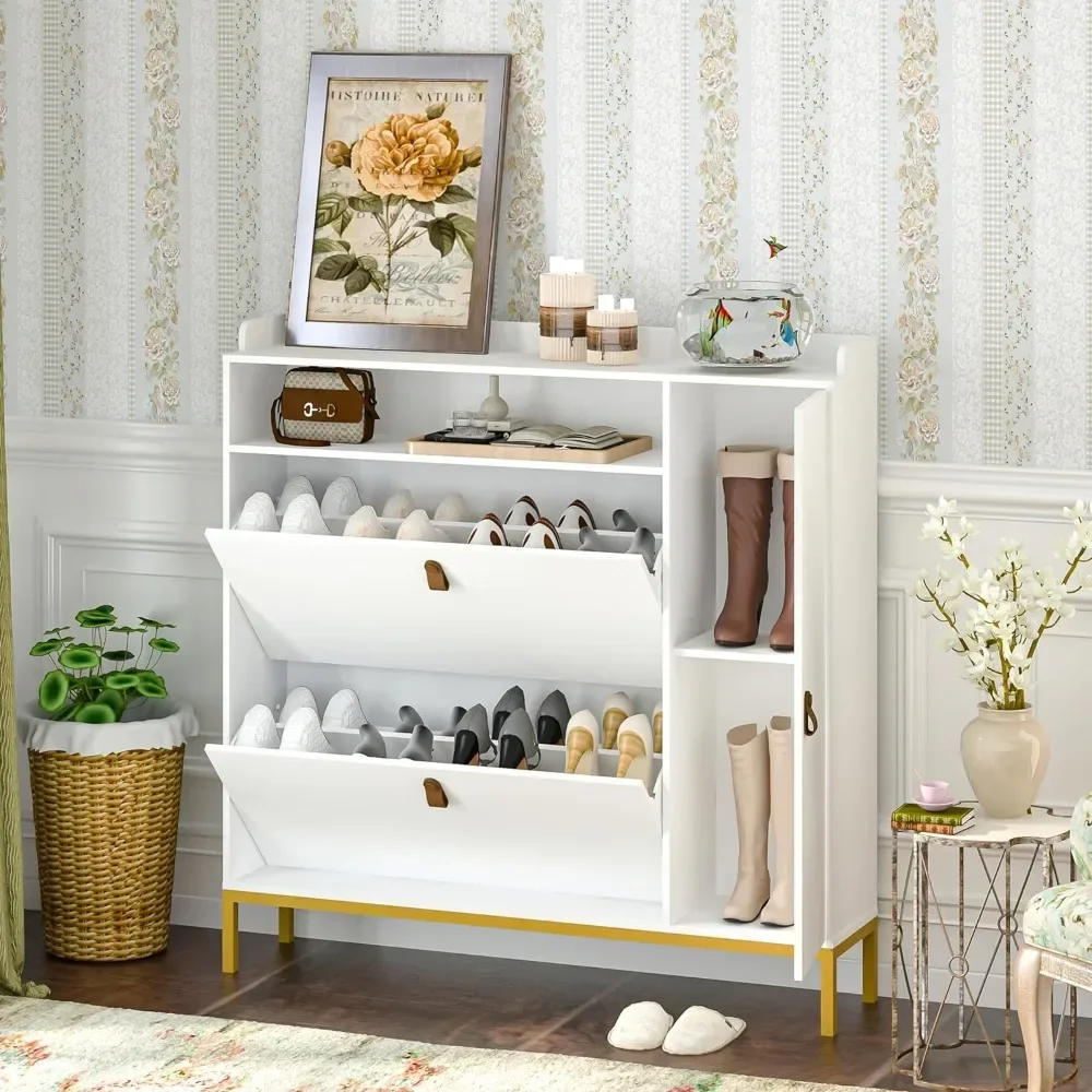 Shoe Cabinet, Free Standing Tipping Bucket Shoes Rack Organizer with 2 Flip Drawers, Entryway Narrow Shoe Storage with Shelf