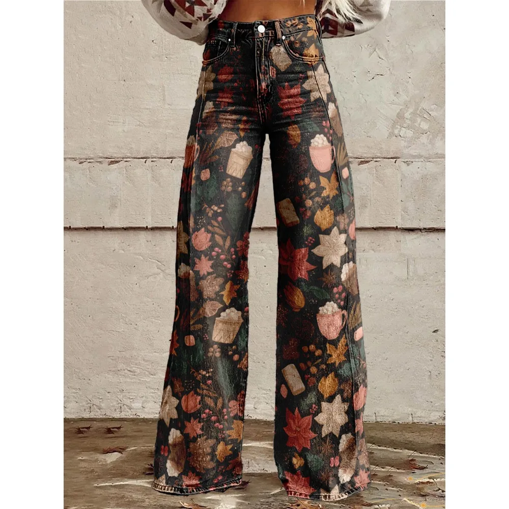 

Шикарные брюки-палаццо в стиле бохо, расклешенные брюки с высокой талией и уникальной кофейной чашкой с принтом печенья, уличная одежда в стиле панк, свободные вечерние брюки