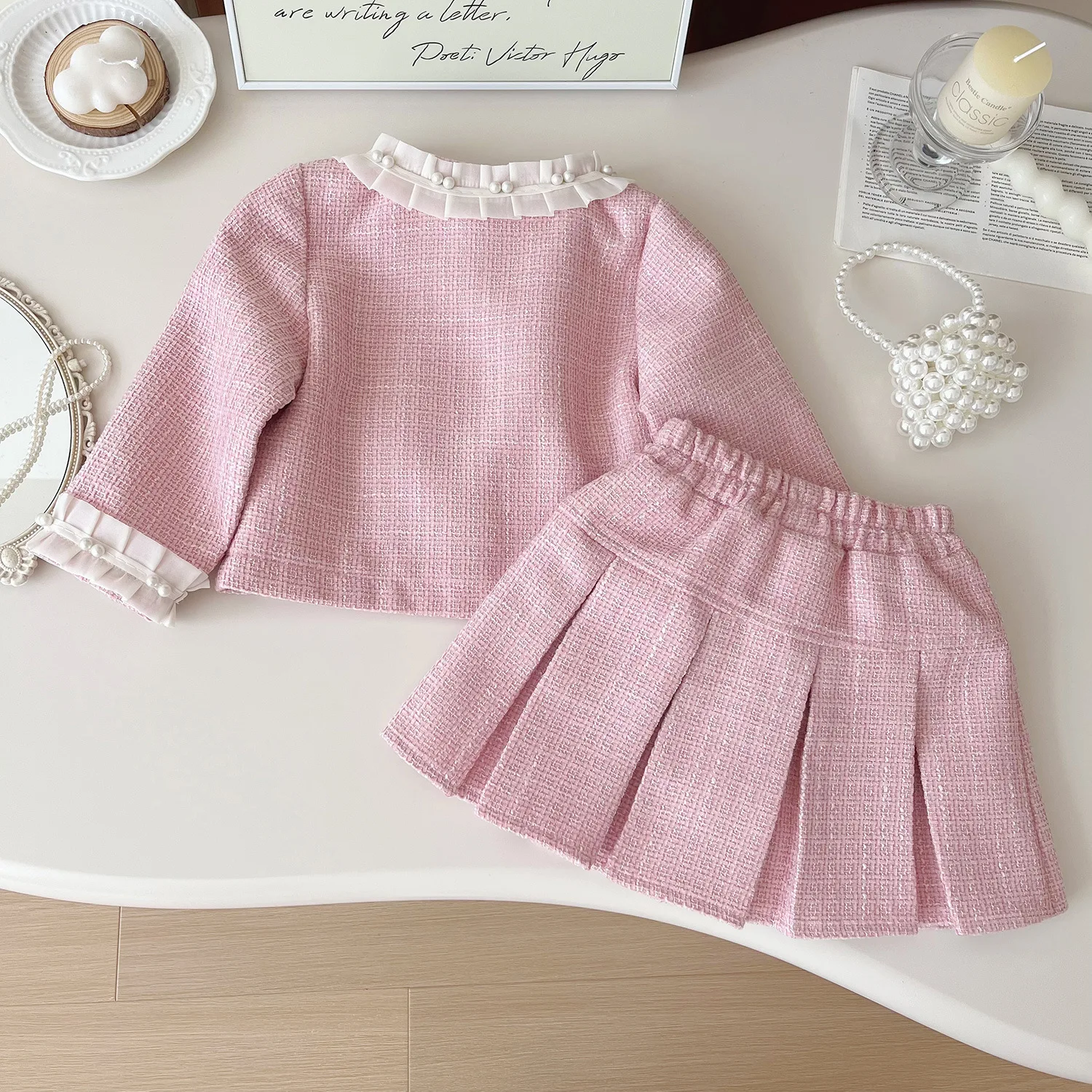 Tweed สีชมพูสาวชุดบูติก Luxury Designer เสื้อผ้าเด็กชุดเด็กเสื้อและกระโปรงจีบ 2 ชิ้นชุดเสื้อผ้าเด็ก