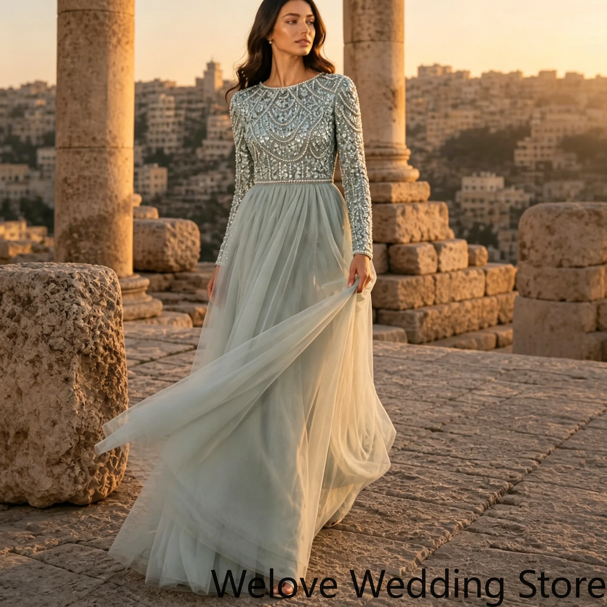 Customized Green Formal Evening Gown Featuring a Round Neck, Long Sleeves and an Intricately Beaded Bodice with Layered Patterns