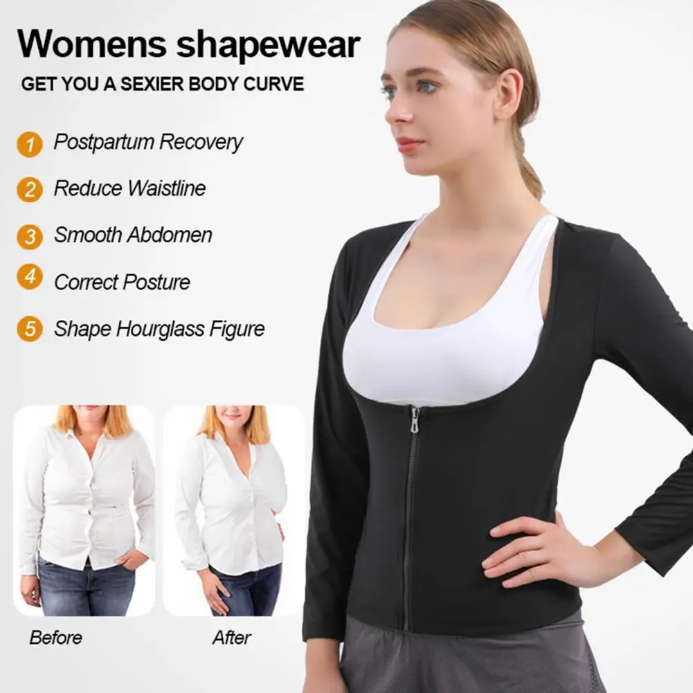 Body Shaper Jacket Women Sauna Suit Jacket Long Sleeve Weight Loss Shapewear Body Shaper Workout Sweat Top with Zipper Closure