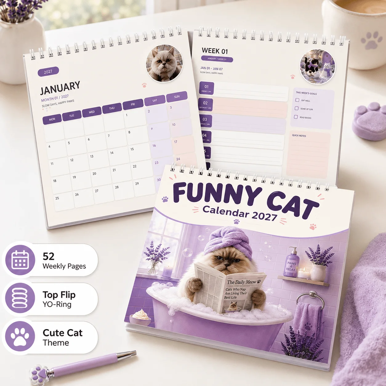 2027 Funny Cat Planner Calendar, Spiral Desk Organizer with Monthly Calendar, Weekly Schedule, Goals and Notes