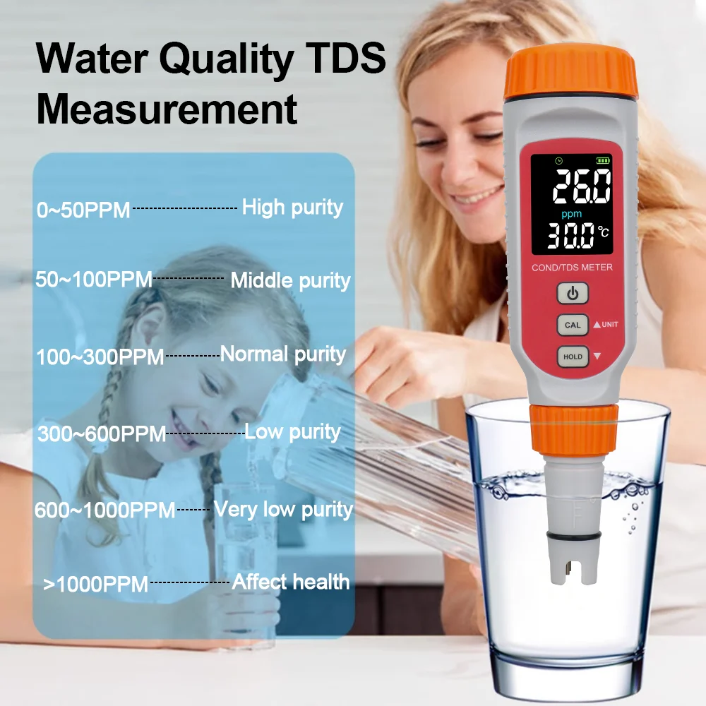 Professional Water Quality Tester Pen Type Conductivity Analyzer TDS/COND Meter Rechargeable Battery Temperature Measurement