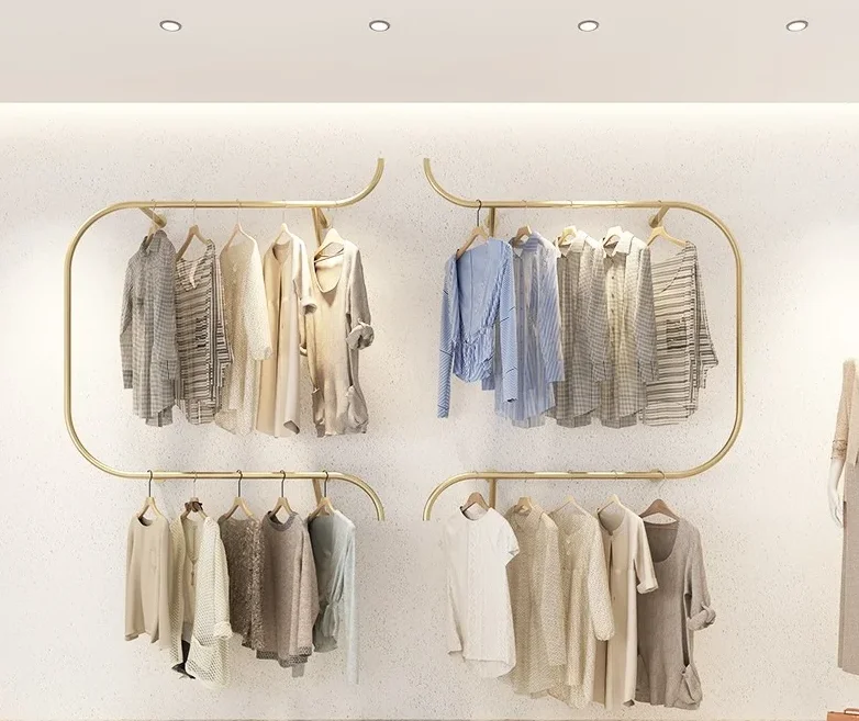Clothes store display rack Double layer clothes rack Children\'s wear rack Decorative display rack Gold clothes pole