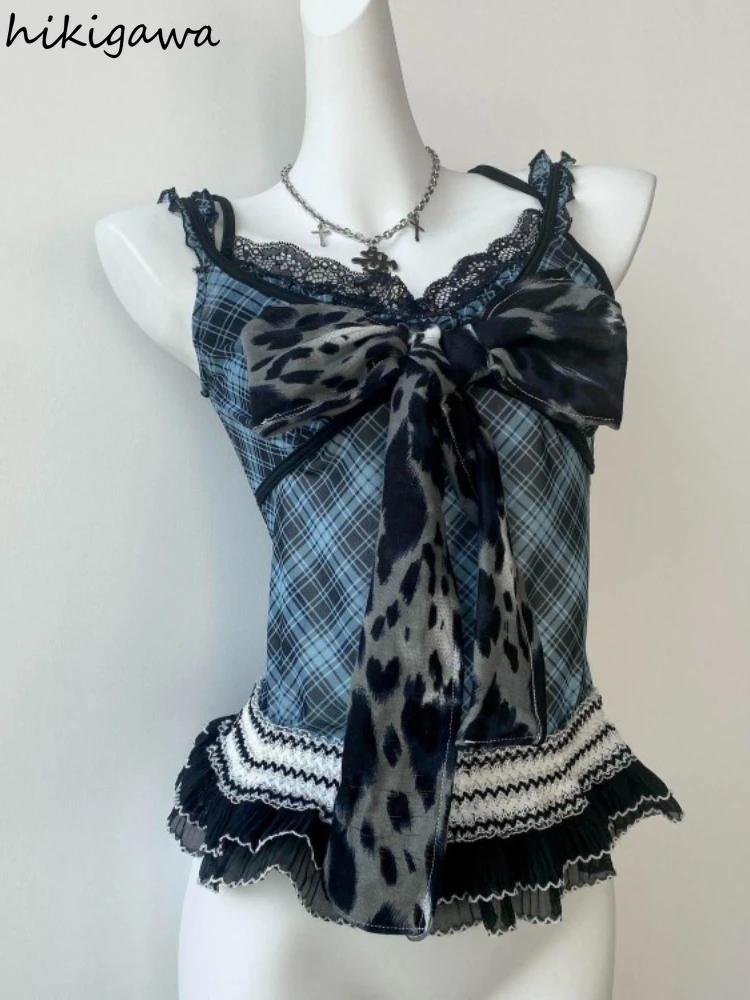 

Crop Top Sexy Vest 2025 Women's Clothing Bandage Bow Plaid Tees Fashion Korean Camis Y2k Tops Patchwork Lace Tunic Summer Tanks