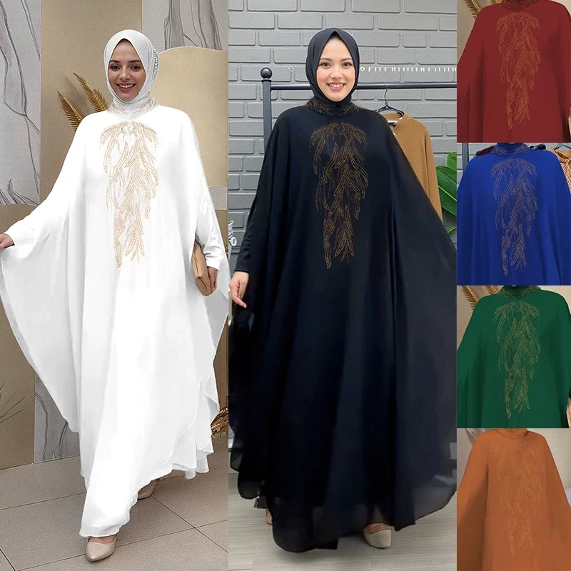 

Middle East Ramadan women's round neck hot pressed diamond Muslim women's robe, Malay Indonesian dress, headscarf