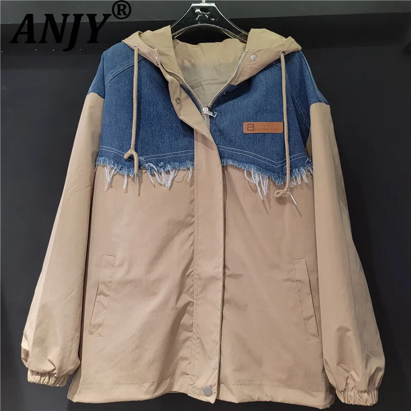 

ANJY, осенняя новая женская шикарная куртка, джинсовая лоскутная куртка контрастного цвета с капюшоном на молнии, универсальное повседневное пальто большого размера High Street A9918