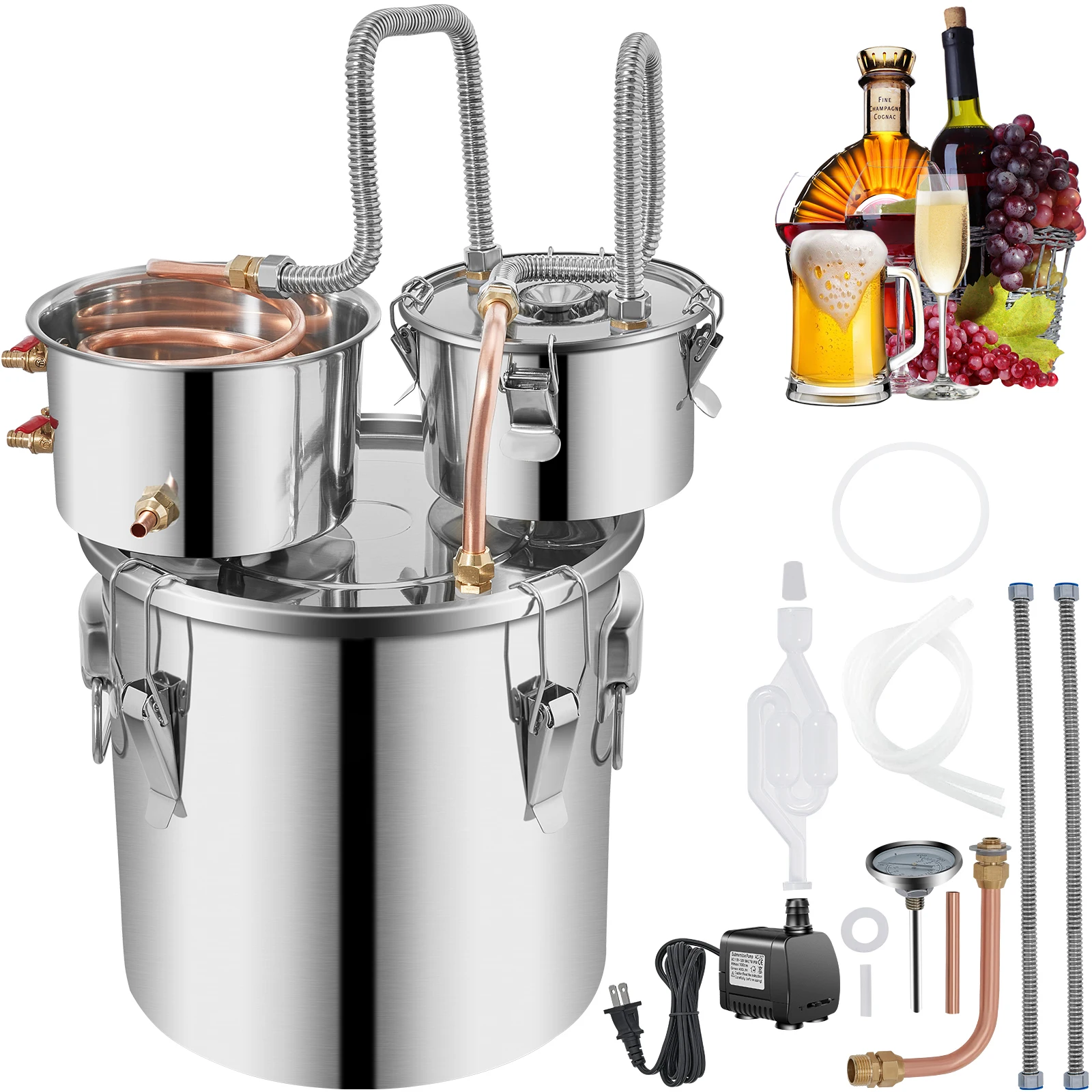 Alcohol Still, 5 Gallon, Stainless Steel Alcohol Distiller with Copper Tube & Build-in Thermometer & Water Pump, Double Thumper Keg Home Brewing Kit, Designed for DIY Whiskey Wine Brandy