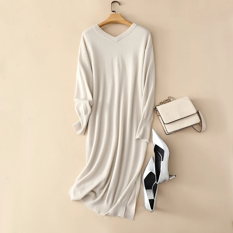 

autumn winter bc new knitted 100% cashmere long elegant loose casual sweater dresses