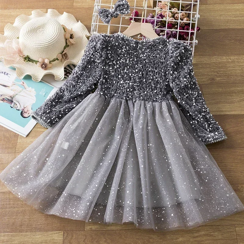 Kids Silver Sequin Dresses for Girls Cute Princess Evening Tutu Gown Children Long Sleeves Birthday Party Luxury Pageant Dress