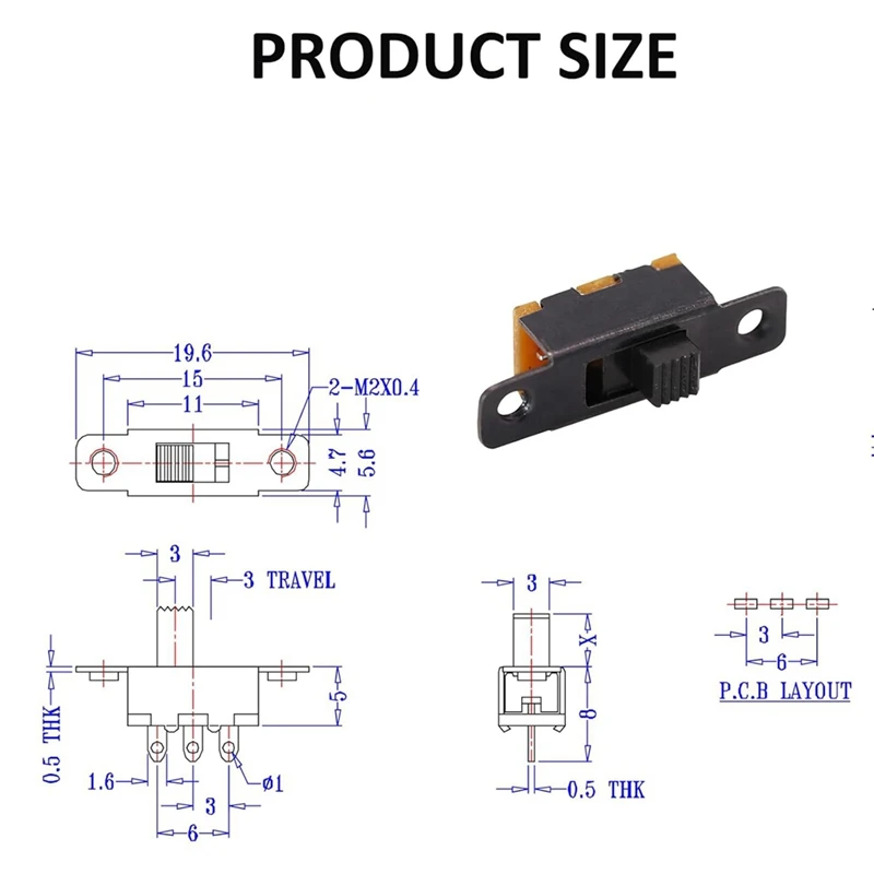 A05I-Slide Switch Panel Mount 3 Solder Lug Pin On/Off 2 Position 50 Stück