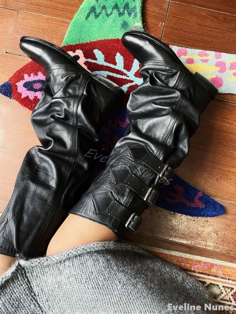 

Genuine Leather Pleated Knee High Boots Women Round Toe Belt Buckle Chunky Heel Slip On Long Boots New Retro Soft Leather Boots