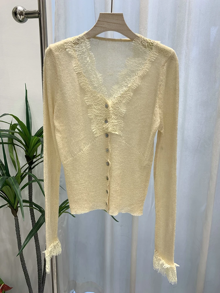 Tornova-suéter de encaje con empalme para mujer, cárdigan elegante con cuello de pico, Top de punto de manga larga, abrigo de punto ajustado para otoño e invierno 2025