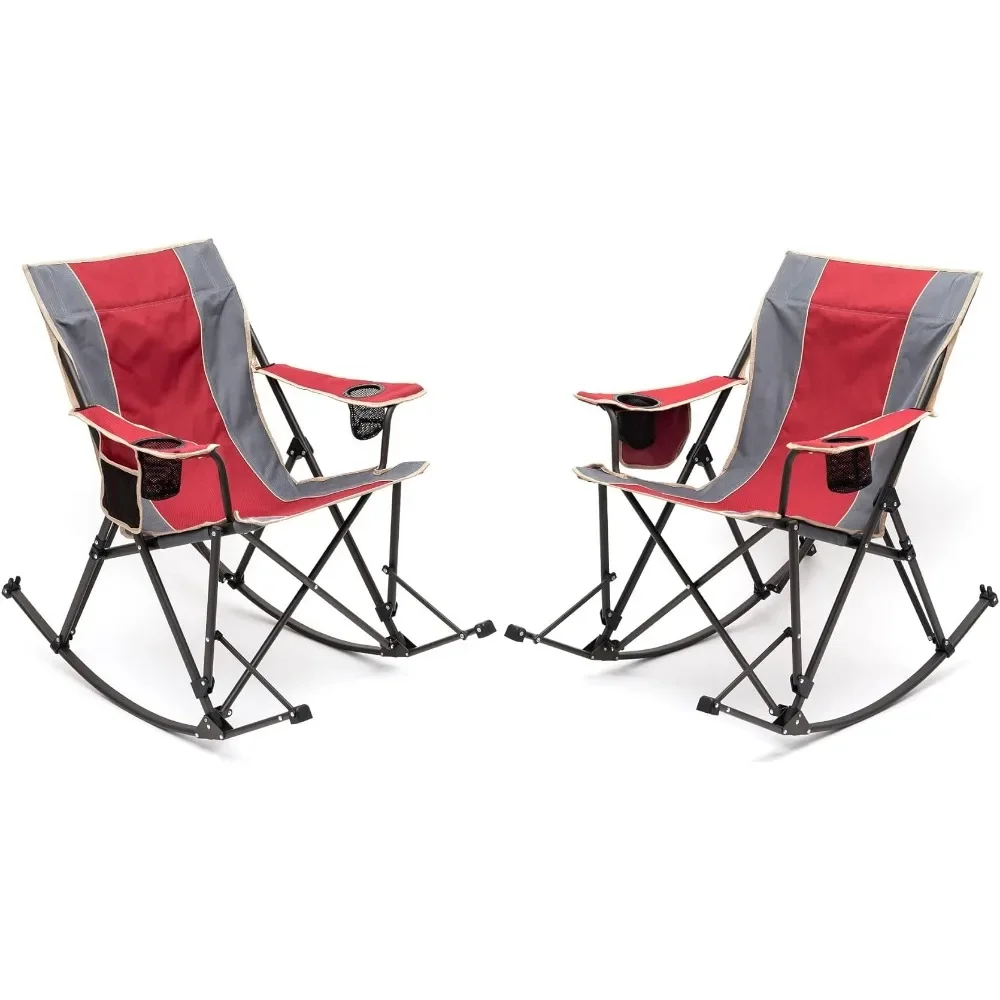 Camping Rocking Chair Folding Lawn Chairs with Cup Holder Storage Pocket Mesh Back Recliner for Beach OutdoorTravel