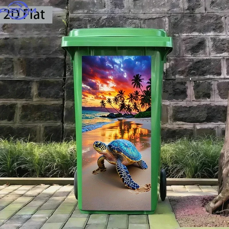 2D 1PCTrash Can Sticker Sea Turtle Riding Waves Back to Nest Themed Design Self-Adhesive Wall Decal Wallpaper Kitchen Trash Ca