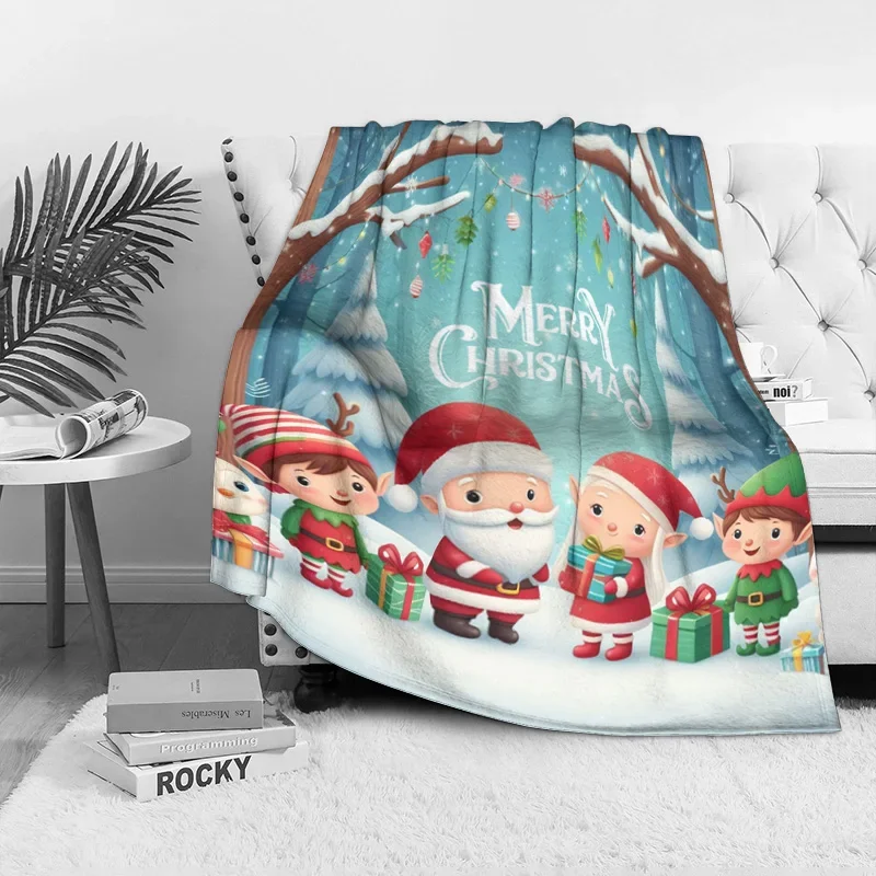 Classic Christmas Character Fleece Blanket, Santa Elf Design with Snow Scene, Festive Throw for Family Holiday Decor