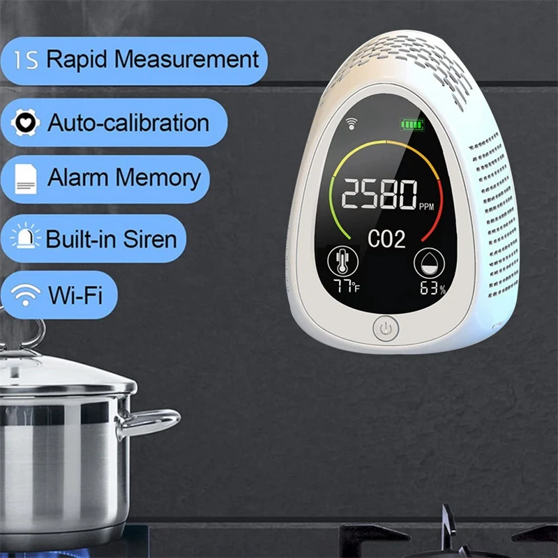 TUYA Co2 Detector Air Quality Monitor Hygrometer 4 In 1 Wifi+Co2+Humidity+Temperature Multifunctional Meter Easy To Use White