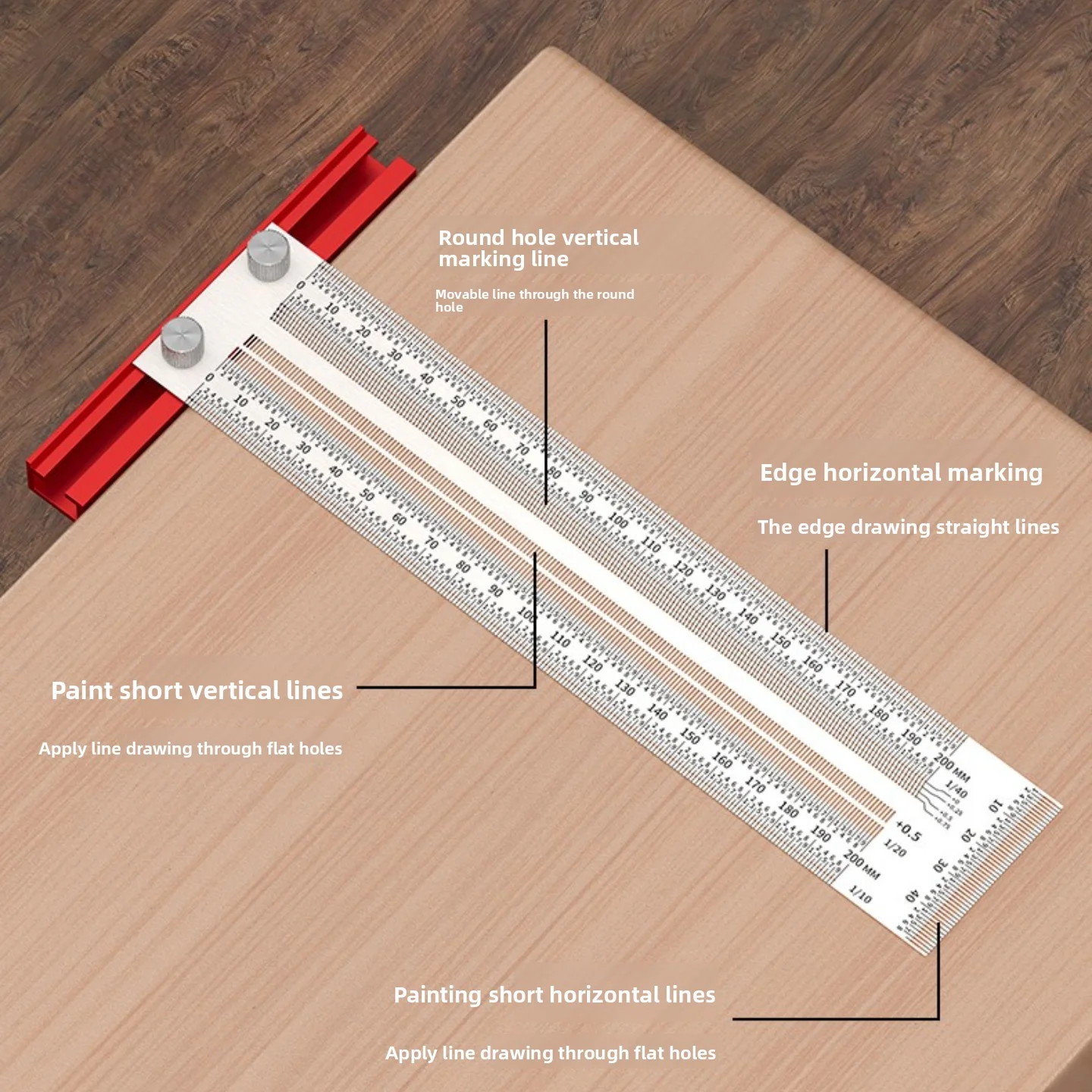 Woodworking Hole Marking Ruler Portable Stainless Steel Tenon Ruler Stable Aluminum Alloy Baffle Plate Scribe Measuring Tools