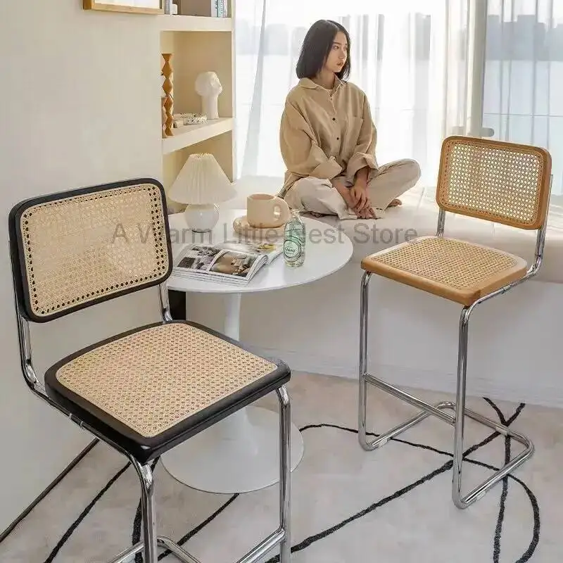 

Chair Rattan Solid Home Wood Nordic Bar High Stool Simple Retro Bar Chair Front Desk High Chair Furniture