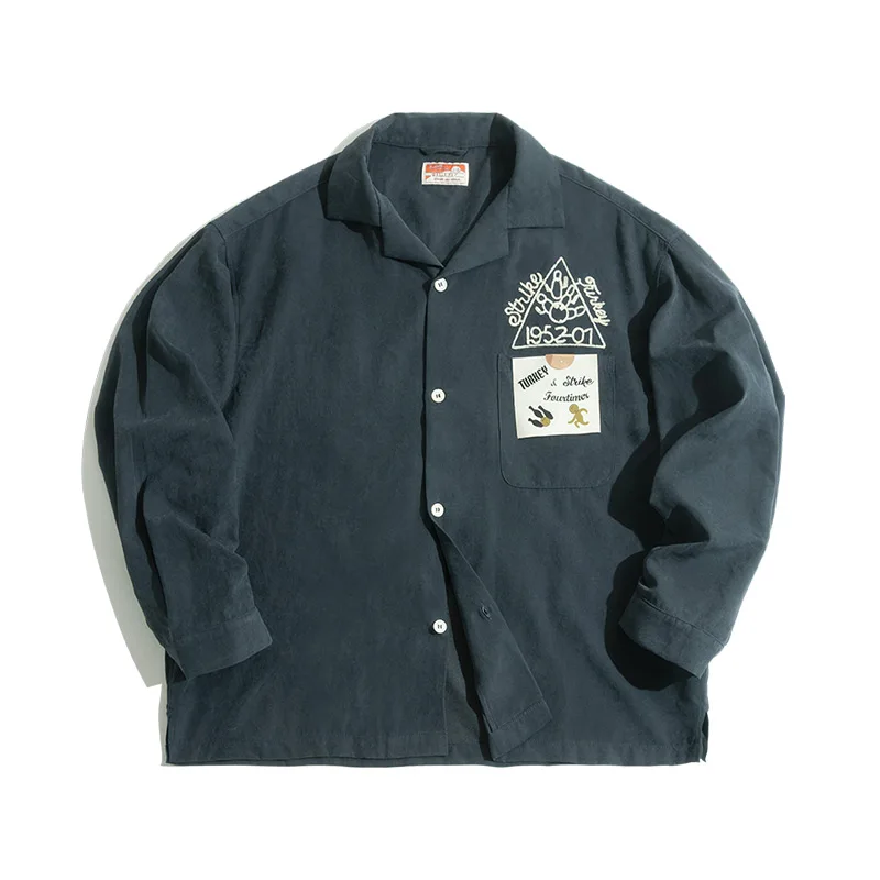 Maden Retro Solid Color Long Sleeve Shirts with Single Breasted Lapel Pocket Embroidery Design Loose Shirt for Men's Autumn Tops