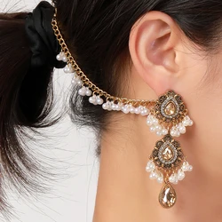 Boho Water Drop Long Earrings Indian Earrings Link Headdress for Women Luxury Crystal Flowers Pearl Tassel Wedding Jewelry
