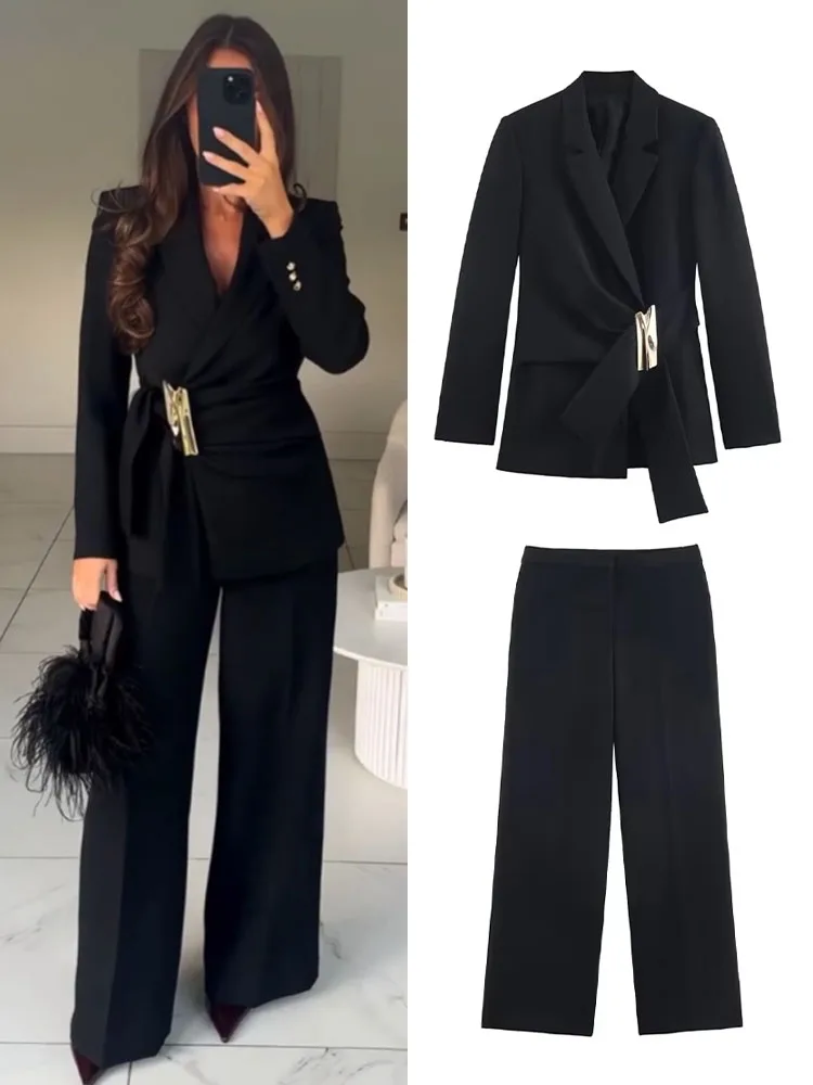 

HH Autumn Women Pants Suit Elegant Lapel Button Buckle Embellished Long Sleeve Suit Jacket+Zipper High Waist Solid Straight Pant