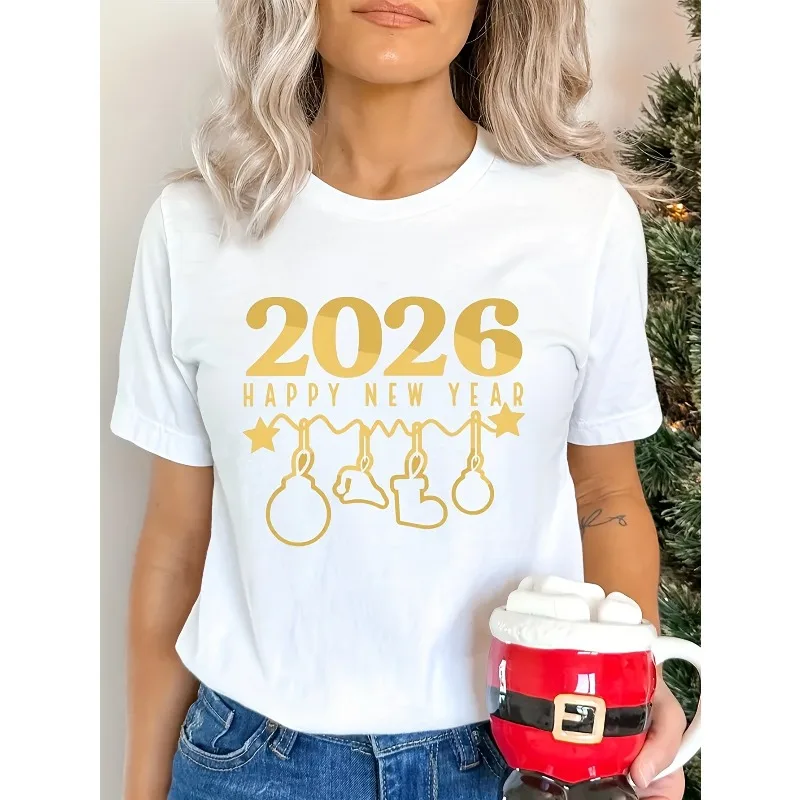 

Happy New Year Women's Casual T-shirt 2026 Creative Printing Happy New Year Creative Printing New Year Gift Casual T-shirt