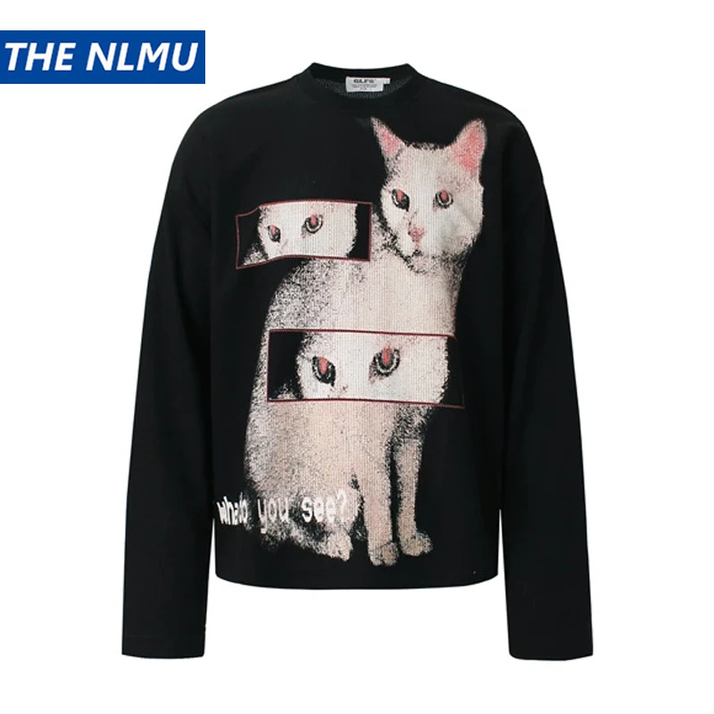 Unisex Vintage Waffle Long Sleeve T-Shirt Cat Print Streetwear Loose Fit Oversized Top