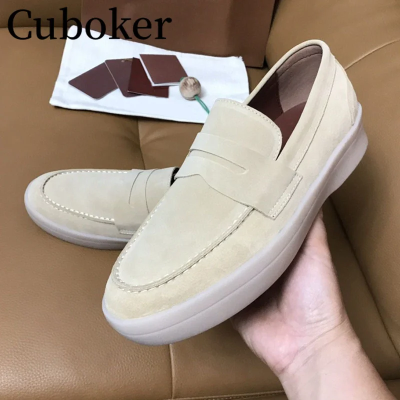 2023 Real Kidsuede Men Flat Loafers Shoes Luxury Brand Slip-on Causal Shoes Men\'s Business Brand Summer Spring Walking Shoes