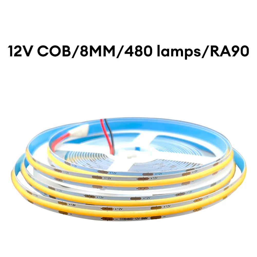 COB LED Strip Light 480 LEDs Alta Densidade Flexível 8mm Fita FOB Luzes Fita RA90 Natureza Quente Branco Frio Regulável DC12V 24V